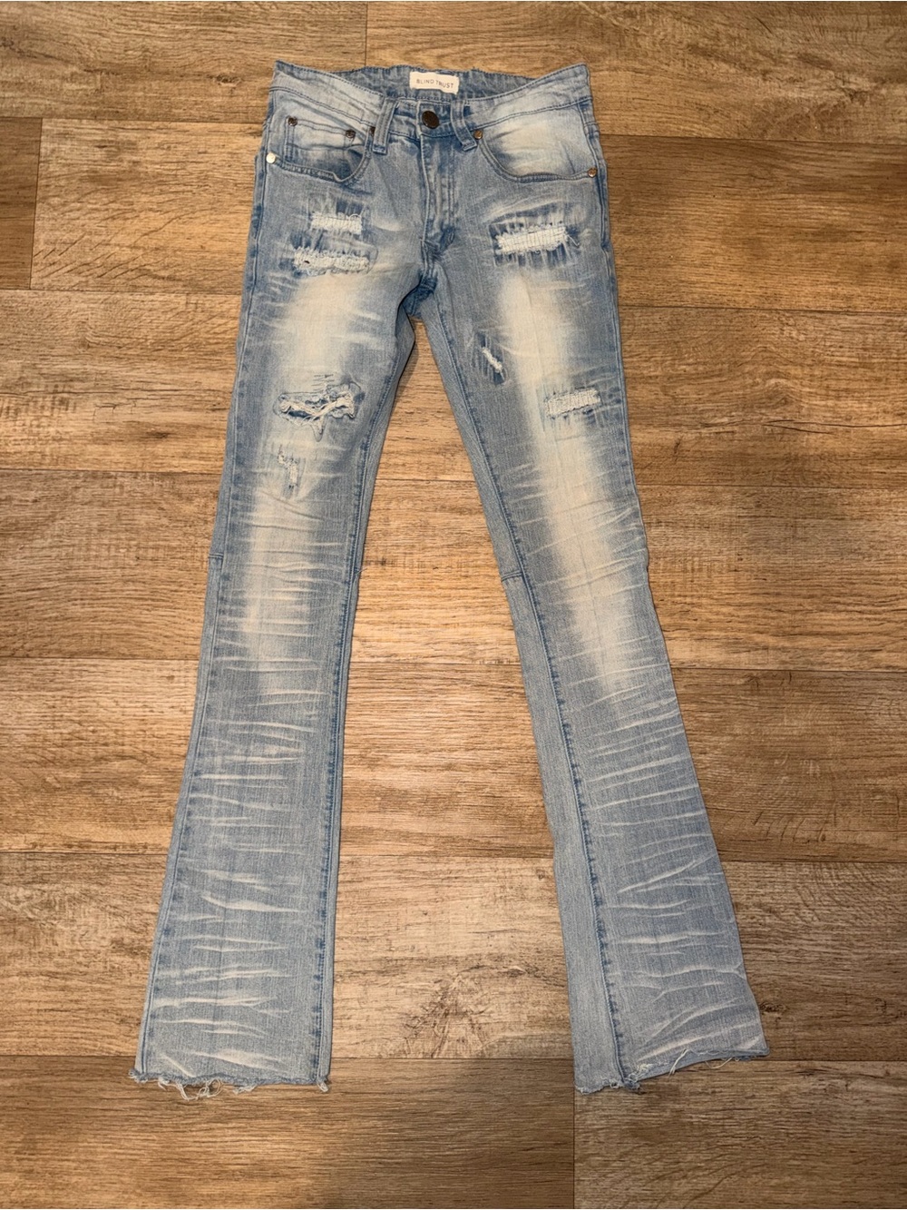 Light Blue Distressed Men's Stack Jeans with Faded Finish